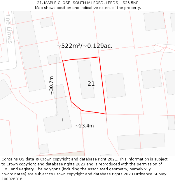 21, MAPLE CLOSE, SOUTH MILFORD, LEEDS, LS25 5NP: Plot and title map