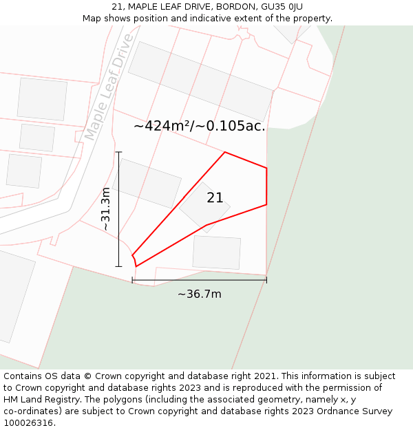 21, MAPLE LEAF DRIVE, BORDON, GU35 0JU: Plot and title map