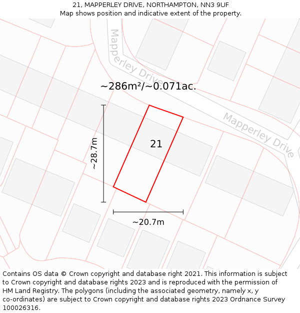 21, MAPPERLEY DRIVE, NORTHAMPTON, NN3 9UF: Plot and title map