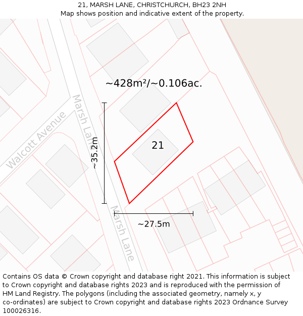 21, MARSH LANE, CHRISTCHURCH, BH23 2NH: Plot and title map