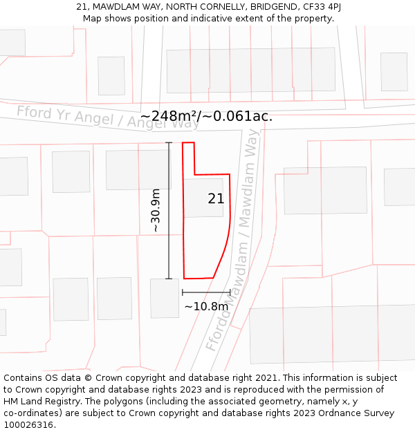 21, MAWDLAM WAY, NORTH CORNELLY, BRIDGEND, CF33 4PJ: Plot and title map
