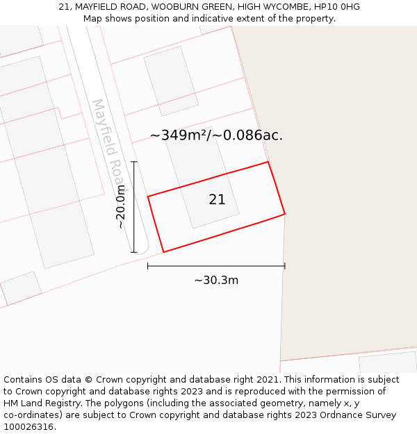 21, MAYFIELD ROAD, WOOBURN GREEN, HIGH WYCOMBE, HP10 0HG: Plot and title map