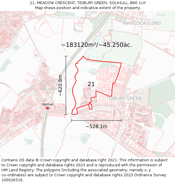 21, MEADOW CRESCENT, TIDBURY GREEN, SOLIHULL, B90 1UY: Plot and title map