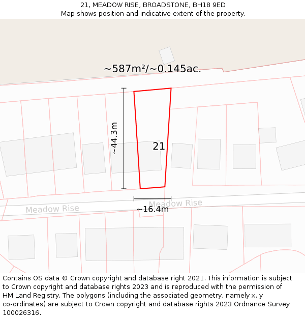 21, MEADOW RISE, BROADSTONE, BH18 9ED: Plot and title map