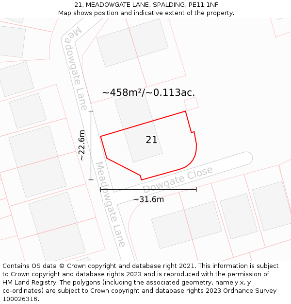 21, MEADOWGATE LANE, SPALDING, PE11 1NF: Plot and title map