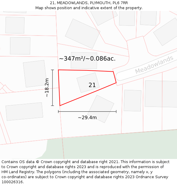 21, MEADOWLANDS, PLYMOUTH, PL6 7RR: Plot and title map