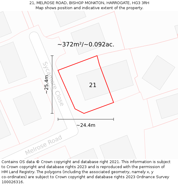 21, MELROSE ROAD, BISHOP MONKTON, HARROGATE, HG3 3RH: Plot and title map