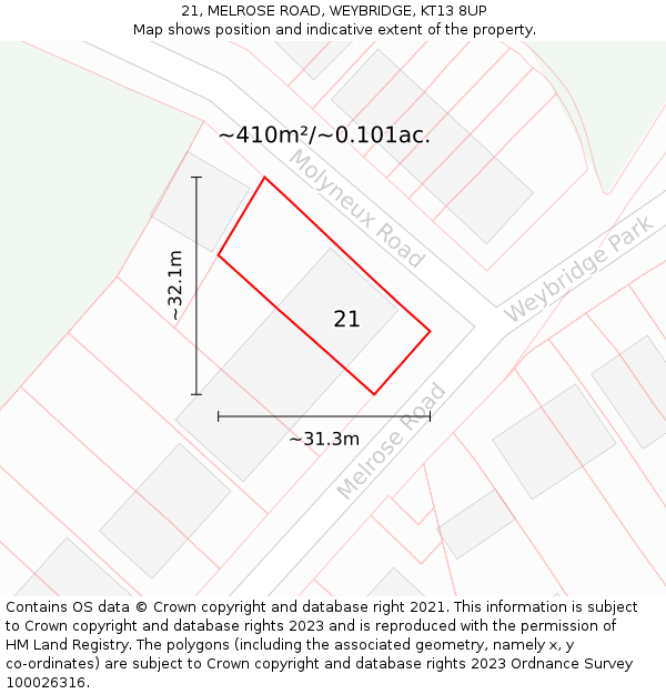 21, MELROSE ROAD, WEYBRIDGE, KT13 8UP: Plot and title map