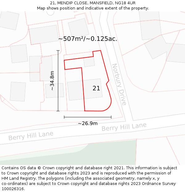 21, MENDIP CLOSE, MANSFIELD, NG18 4UR: Plot and title map