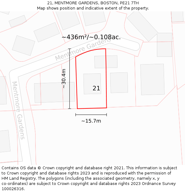 21, MENTMORE GARDENS, BOSTON, PE21 7TH: Plot and title map