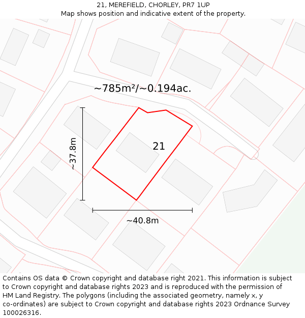 21, MEREFIELD, CHORLEY, PR7 1UP: Plot and title map