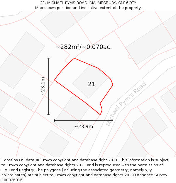 21, MICHAEL PYMS ROAD, MALMESBURY, SN16 9TY: Plot and title map