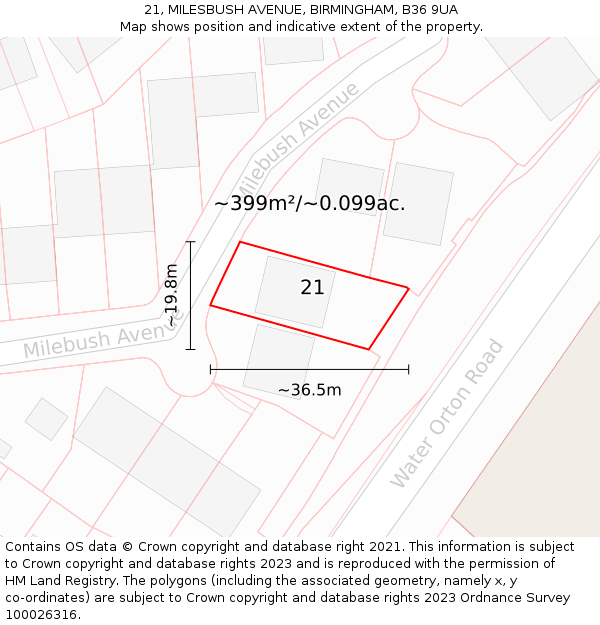 21, MILESBUSH AVENUE, BIRMINGHAM, B36 9UA: Plot and title map