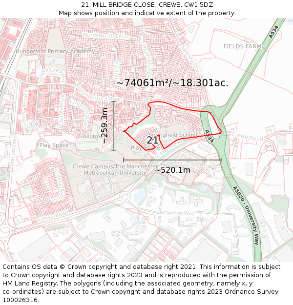 21, MILL BRIDGE CLOSE, CREWE, CW1 5DZ: Plot and title map