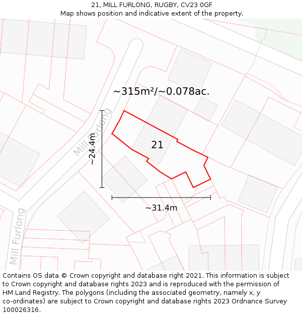 21, MILL FURLONG, RUGBY, CV23 0GF: Plot and title map