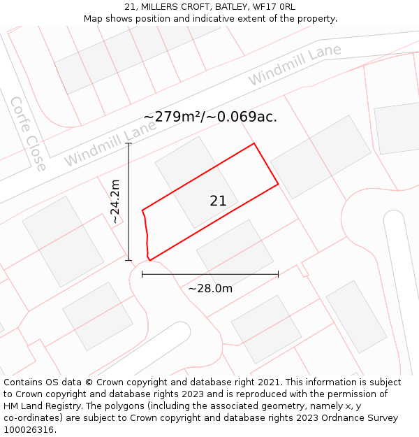 21, MILLERS CROFT, BATLEY, WF17 0RL: Plot and title map