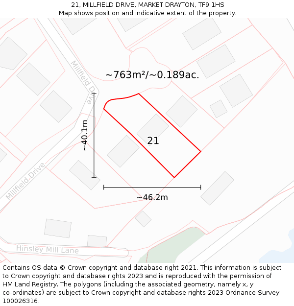 21, MILLFIELD DRIVE, MARKET DRAYTON, TF9 1HS: Plot and title map