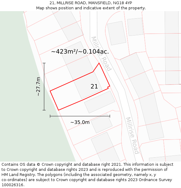 21, MILLRISE ROAD, MANSFIELD, NG18 4YP: Plot and title map