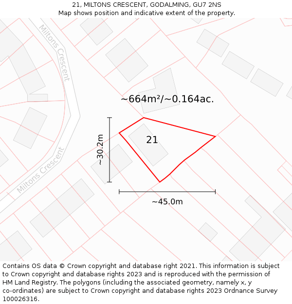 21, MILTONS CRESCENT, GODALMING, GU7 2NS: Plot and title map