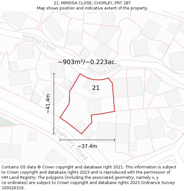 21, MIMOSA CLOSE, CHORLEY, PR7 1BT: Plot and title map