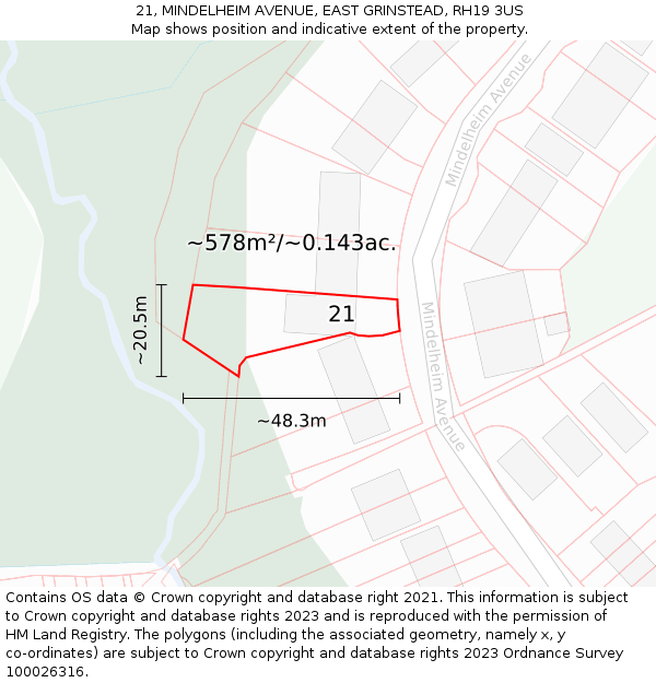 21, MINDELHEIM AVENUE, EAST GRINSTEAD, RH19 3US: Plot and title map
