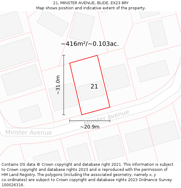 21, MINSTER AVENUE, BUDE, EX23 8RY: Plot and title map
