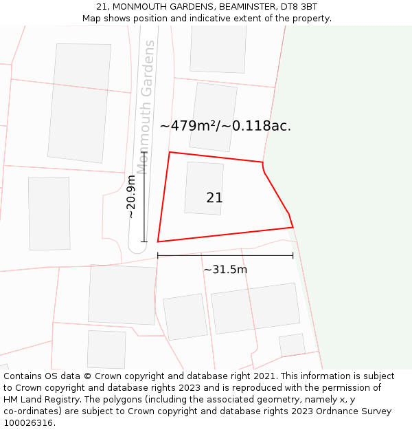 21, MONMOUTH GARDENS, BEAMINSTER, DT8 3BT: Plot and title map