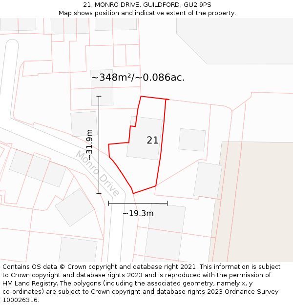 21, MONRO DRIVE, GUILDFORD, GU2 9PS: Plot and title map