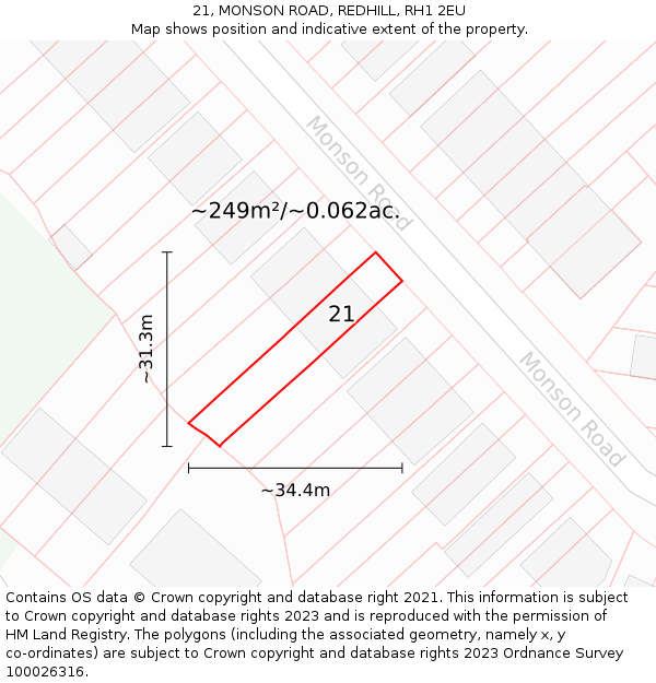21, MONSON ROAD, REDHILL, RH1 2EU: Plot and title map