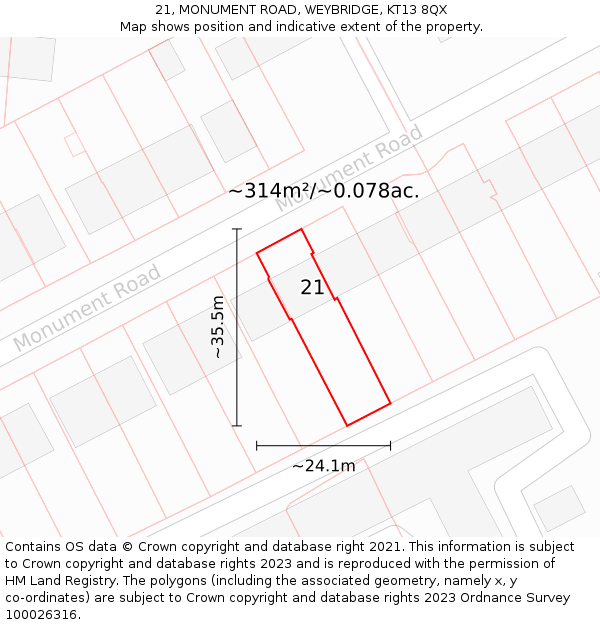 21, MONUMENT ROAD, WEYBRIDGE, KT13 8QX: Plot and title map