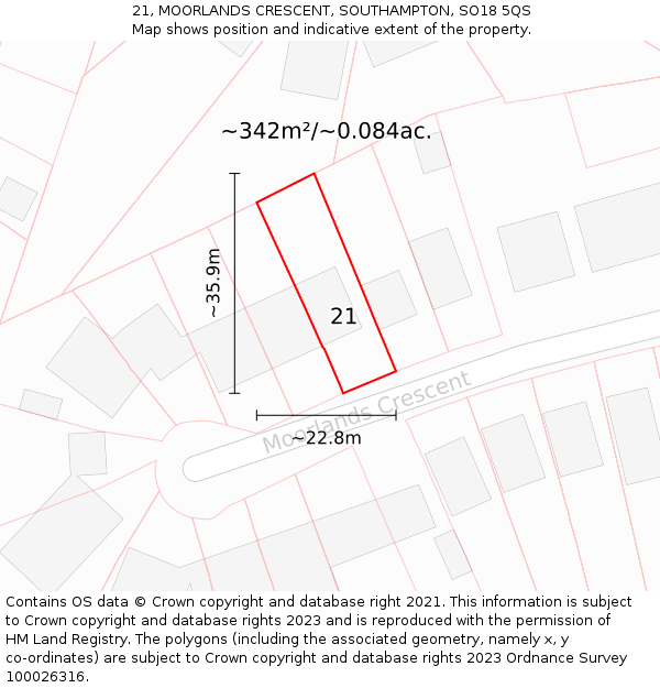 21, MOORLANDS CRESCENT, SOUTHAMPTON, SO18 5QS: Plot and title map