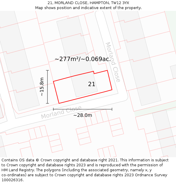 21, MORLAND CLOSE, HAMPTON, TW12 3YX: Plot and title map