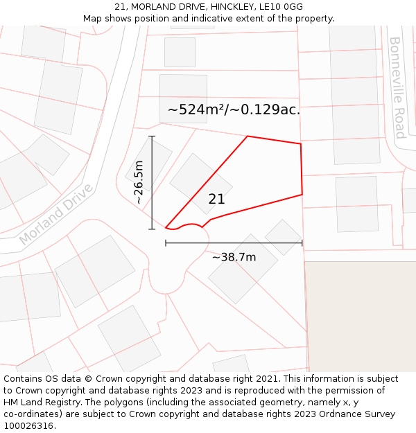 21, MORLAND DRIVE, HINCKLEY, LE10 0GG: Plot and title map