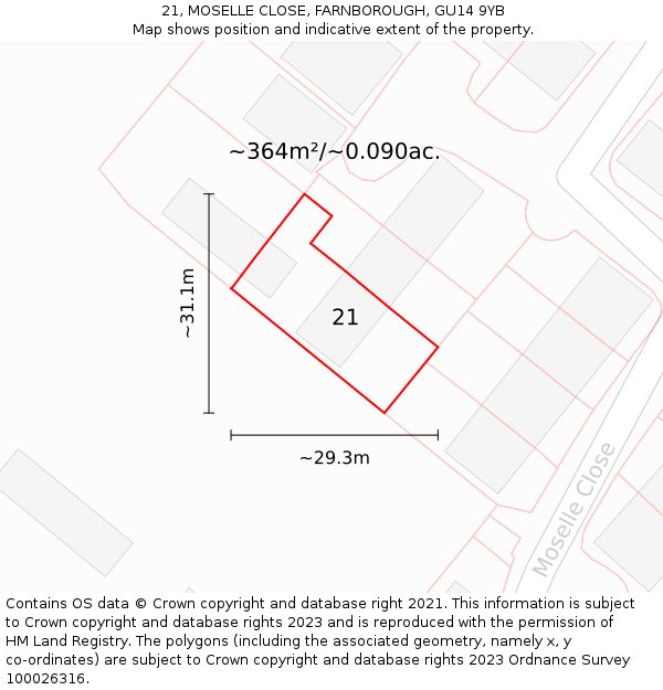 21, MOSELLE CLOSE, FARNBOROUGH, GU14 9YB: Plot and title map