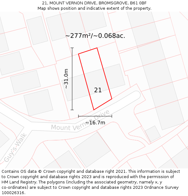 21, MOUNT VERNON DRIVE, BROMSGROVE, B61 0BF: Plot and title map