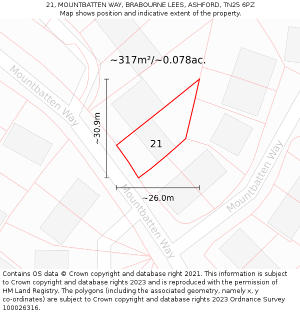 21, MOUNTBATTEN WAY, BRABOURNE LEES, ASHFORD, TN25 6PZ: Plot and title map