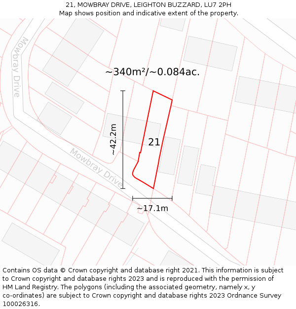21, MOWBRAY DRIVE, LEIGHTON BUZZARD, LU7 2PH: Plot and title map