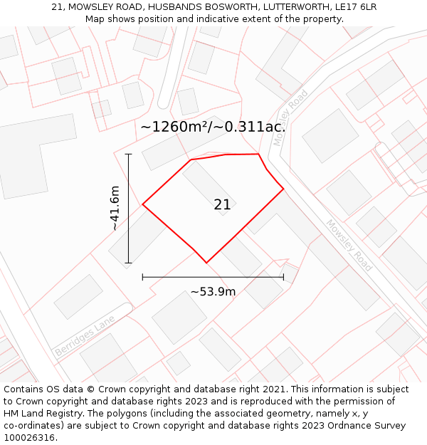 21, MOWSLEY ROAD, HUSBANDS BOSWORTH, LUTTERWORTH, LE17 6LR: Plot and title map