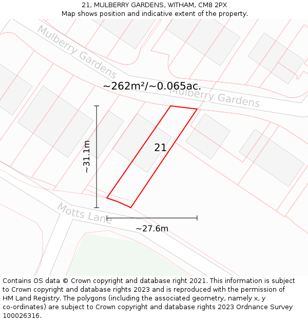 21, MULBERRY GARDENS, WITHAM, CM8 2PX: Plot and title map