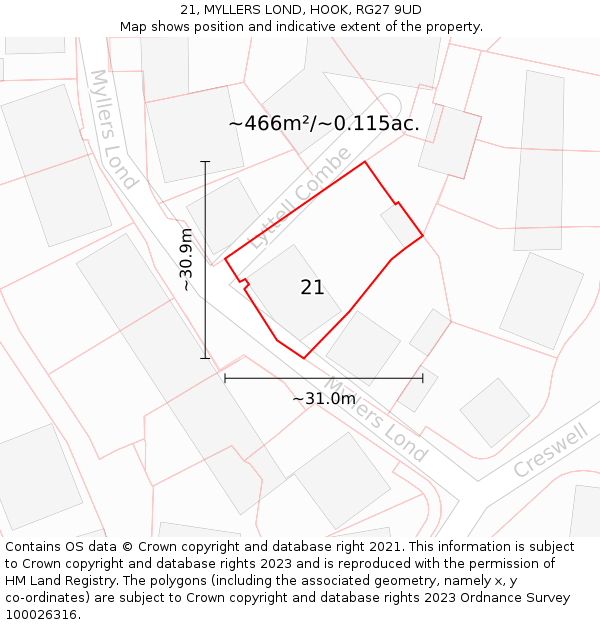 21, MYLLERS LOND, HOOK, RG27 9UD: Plot and title map