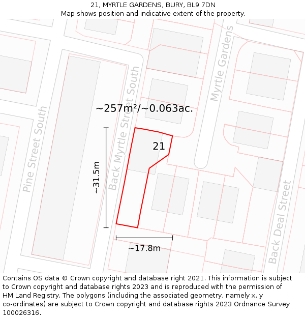 21, MYRTLE GARDENS, BURY, BL9 7DN: Plot and title map