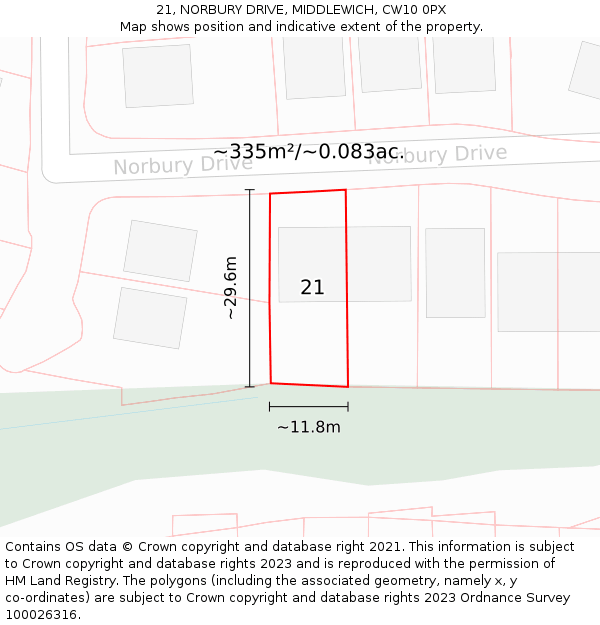 21, NORBURY DRIVE, MIDDLEWICH, CW10 0PX: Plot and title map