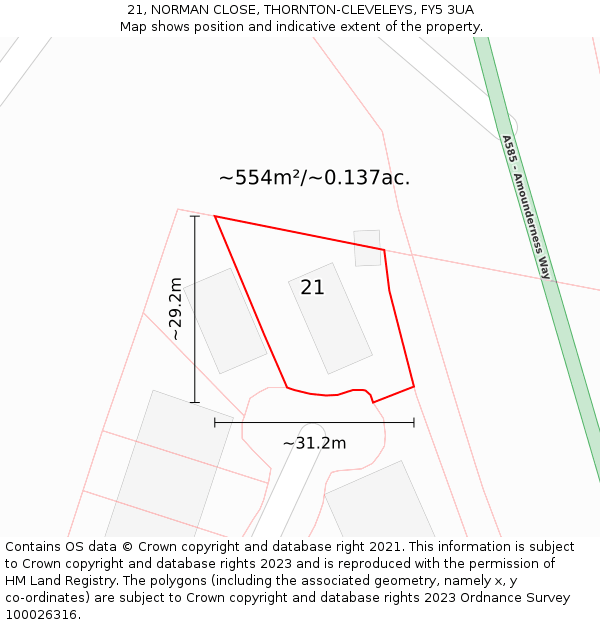 21, NORMAN CLOSE, THORNTON-CLEVELEYS, FY5 3UA: Plot and title map