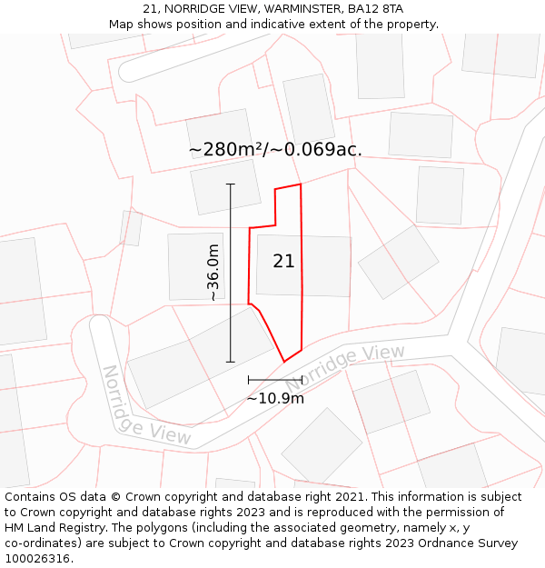 21, NORRIDGE VIEW, WARMINSTER, BA12 8TA: Plot and title map