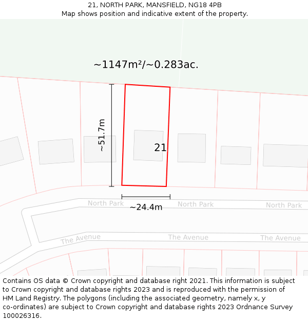 21, NORTH PARK, MANSFIELD, NG18 4PB: Plot and title map