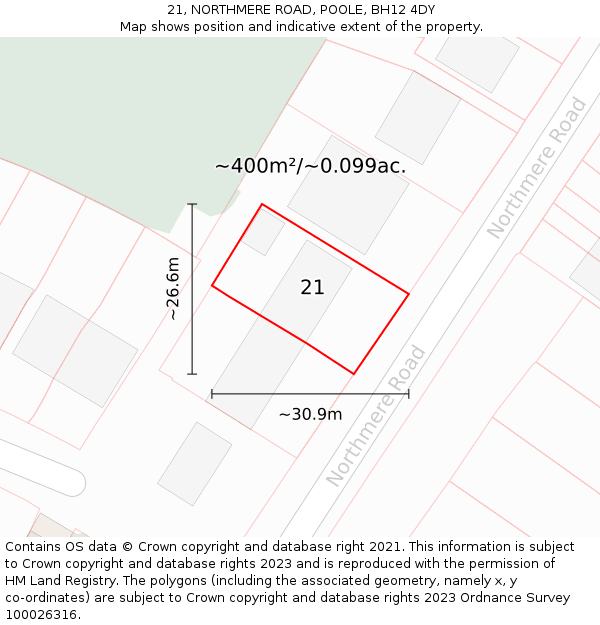 21, NORTHMERE ROAD, POOLE, BH12 4DY: Plot and title map