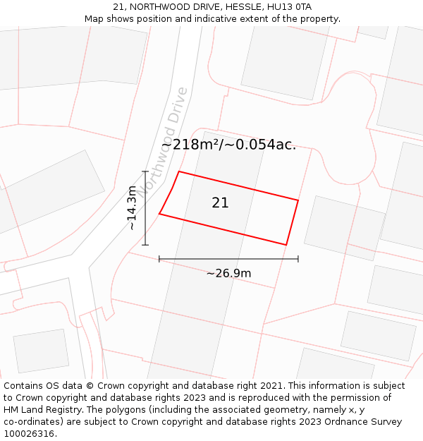 21, NORTHWOOD DRIVE, HESSLE, HU13 0TA: Plot and title map