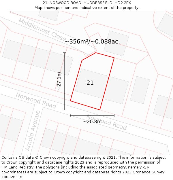 21, NORWOOD ROAD, HUDDERSFIELD, HD2 2PX: Plot and title map