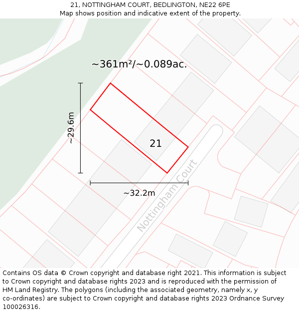 21, NOTTINGHAM COURT, BEDLINGTON, NE22 6PE: Plot and title map