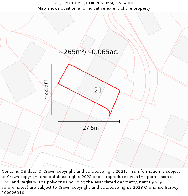 21, OAK ROAD, CHIPPENHAM, SN14 0XJ: Plot and title map